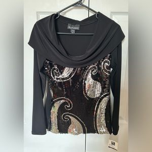 NWT Frank Lyman Sequin Black Top Festive Paisley Silver   New Year Retail $135